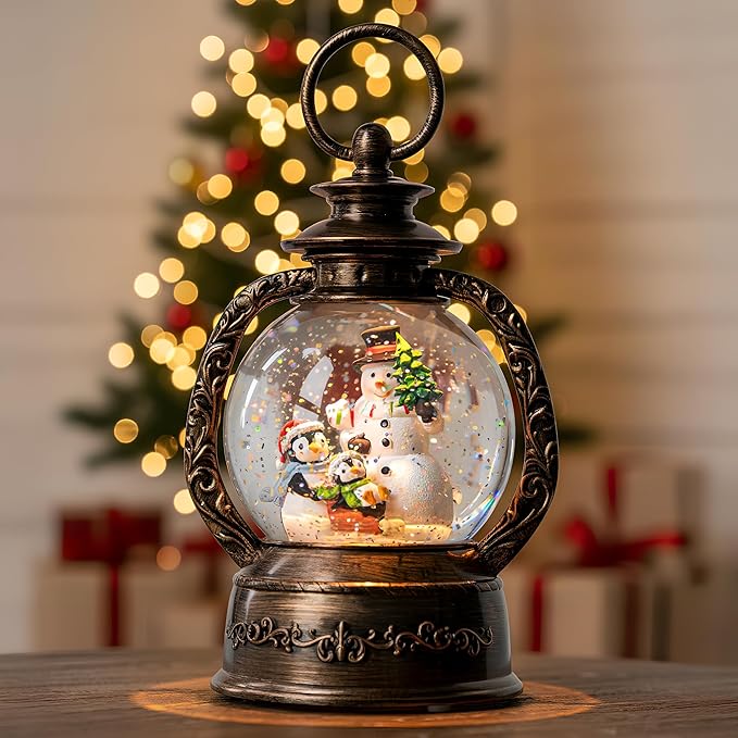 Musical Snow Globe Lantern Lighted Snowman with Penguins Christmas Snow Water Lantern Swirling Glittering Home Decoration and Gift, Battery Operated or USB Powered