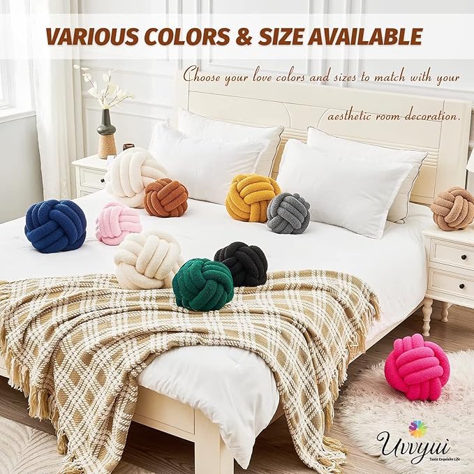 Uvvyui Knot Pillow Ball, Soft Home Decorative Pillows, Round Throw Pillow, Handmade Knotted Plush Pillow, Round Boucle Pillow Cushion (8.6 Inches Caramel)