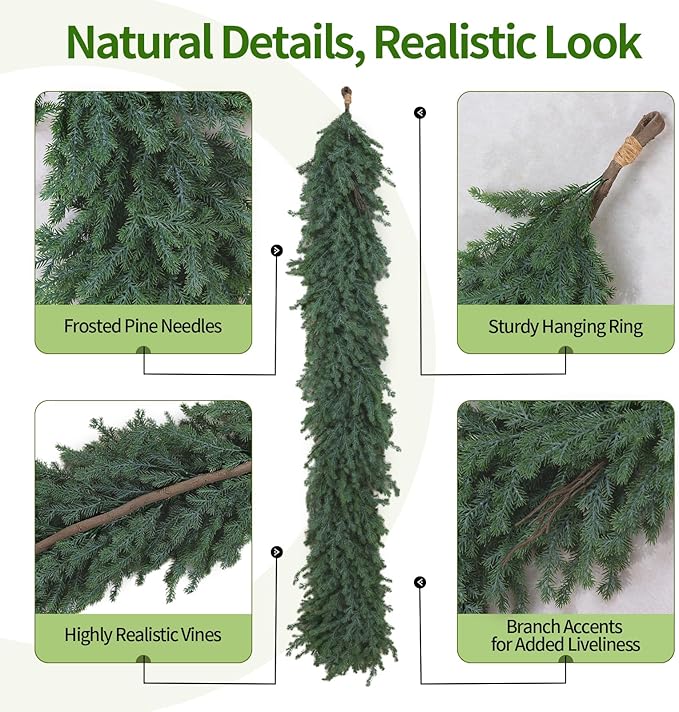 2PCS Artificial Norfolk Pine Garland 6FT Each – Real Touch Green Christmas Garland for Winter Holiday Decor, Indoor Outdoor Use on Mantel, Table, Wall, or Front Door(2, 6FT)