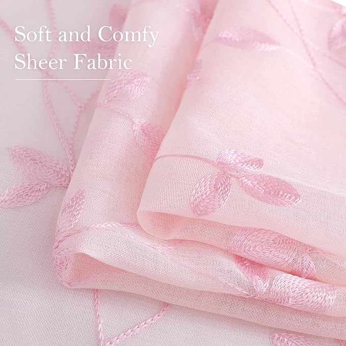 HOMEIDEAS Pink Sheer Curtains 52 X 96 Inches Length 2 Panels Embroidered Vine Floral Pattern Pocket Faux Linen Semi Sheer Voile Window Drapes for Bedroom Living Room