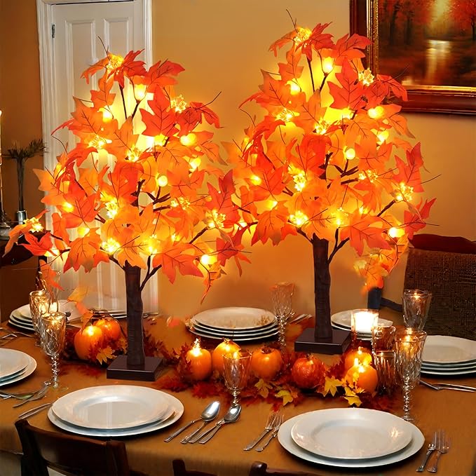 2 Pack 24 Inch Artificial Lighted Maple Tree with 48 LEDs Timer Fall Thanksgiving Decorations Battery Operated Prelit Maple Tree Table Lights for Thanksgiving Decor Home Indoor Autumn Harvest