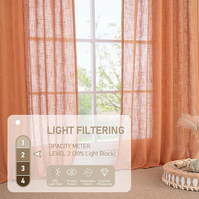 LAMIT Burnt Orange Linen Curtains 90 Inch for Living Room, Back Tab and Rod Pocket Linen Textured Farmhouse Curtains Light Filtering Drapes for Bedroom/Dining Room, Set of 2, 52 x 90 Inch