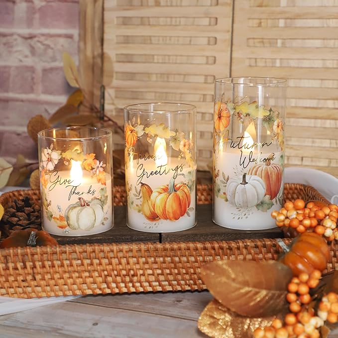 Fall Flameless LED Candles with Remote Timer Set of 3 Warm Lights DIM Home Decor Battery Operated Pumpkin Maple Leaves Painting Harvest Ornament Autumn Thanksgiving