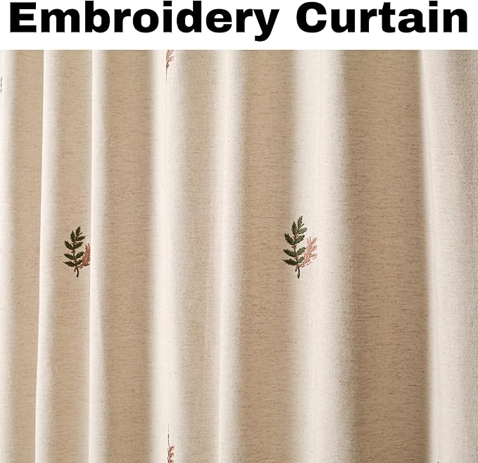Linen Flax Curtain 50x84 Natural with Embroidery, Farmhouse Curtain,Tab Top Curtains, Room Darkening Drapes, Curtains for Bedroom, Curtains for Living Room_1Piece