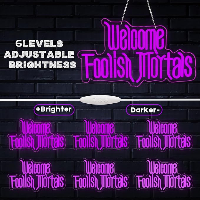 Halloween Welcome Foolish Mortals Neon Sign, Dimmable Gothic Haunted Coffin Halloween Decoration, USB Powered Neon Light, Wall Decor for Home, Bar & Party (Comes with Hooks, Nails and Adhesive Hooks)