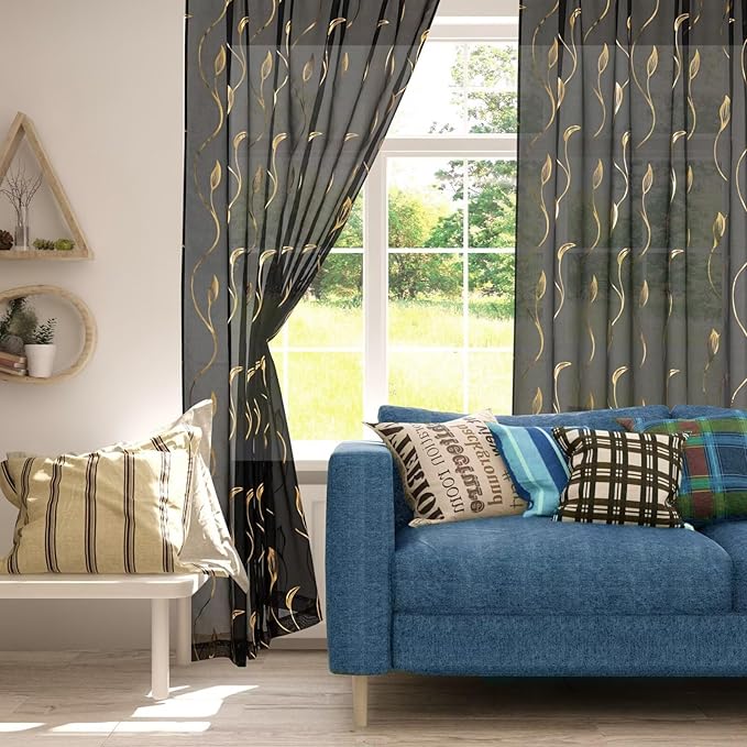 Gold Foil Print Sheer Curtains 63 inches Long, 2 Panels Wicker Bronzing Treatment Sheer Curtain, Rod Pocket Window Treatment Panels for Bedroom Living Room