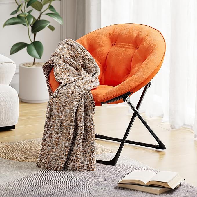 Comfy Saucer Chairs, Folding Reading Lounge Chair, Cozy Faux Fur Living Room Chair with Soft Thick Padded Seat & Metal Frame, Modern Style Bedroom Home for Kids Adults, X-Large, Orange