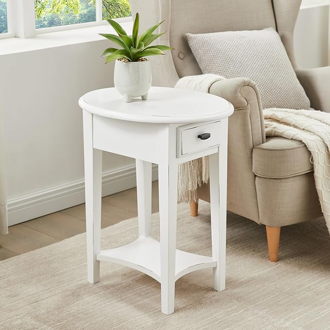 Leick Home Haven Ridge Oval End Table, One Drawer Side Table, Farmhouse White, 214387