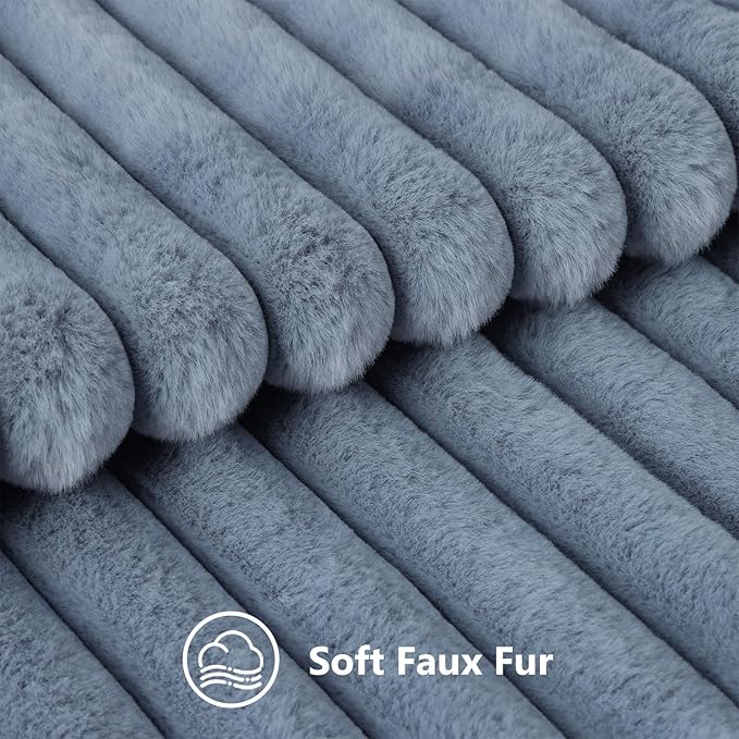 decorUhome Faux Fur Throw Pillow Covers 26x26 Set of 2, Decorative Soft Plush Striped Neutral Couch Euro Pillow Covers with Velvet Back for Sofa, Bed, Living Room Home Decor, Grey Blue