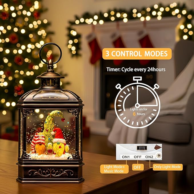 Musical Snow Globe Lantern Lighted Christmas Gnomes Santa Elf Snow Water Lantern with Swirling Glittering Home Decoration and Gift, Battery Operated or USB Powered