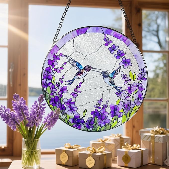 8 Inch Hummingbirds Among Lavender Flowers Stained Glass Suncatcher, Wall Art, Window Hanging, Indoor Decor, Gifts for Women, Sun Catcher