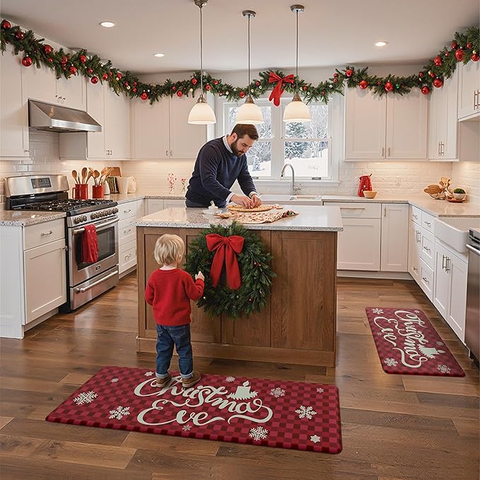 GENIMO Christmas Decorations - Kitchen Mats for Floor, 2PCS Christmas Kitchen Rugs, Cushioned Anti Fatigue Mat for Home Decor, Waterproof Non Slip Standing Mat for Laundry, 17.3"x47"+17.3"x30", Red