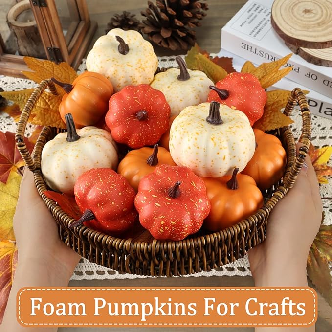 16PCS Artificial Mini Fake Pumpkins Set with Fall Leaves,Foam Plastic Carvable DIY Small White Craft Pumpkins Decor for Thanksgiving Halloween Home Fall Porch Table Decor