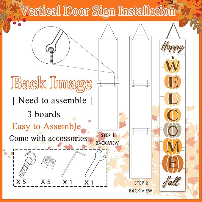 Fall Wooden Porch Sign 47" Autumn Pumpkin Front Door Welcome Sign Vertical Standing Sign For Garden Home Yard Farmhouse Thanksgiving Decor