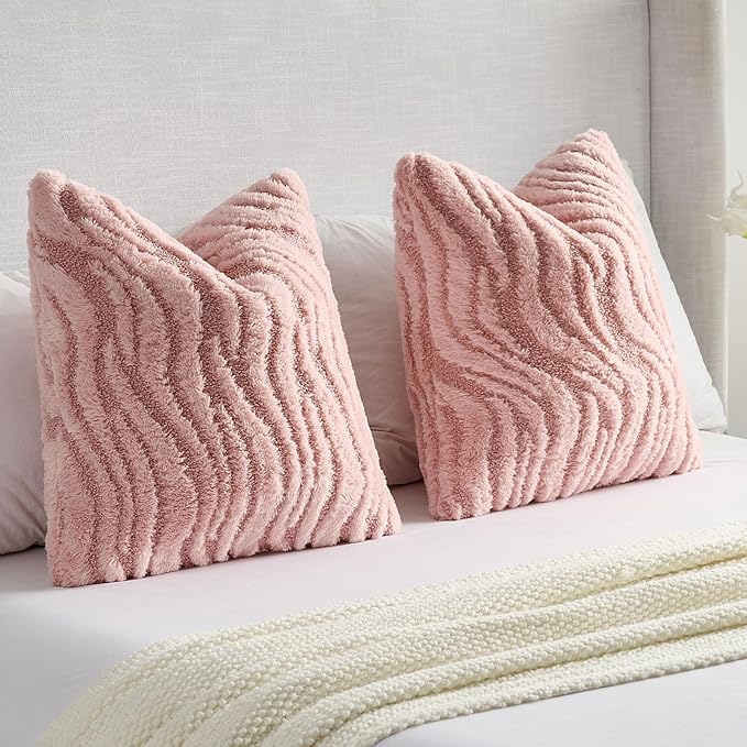 FUTEI Pink Decorative Throw Pillow Covers 26x26 Inch Set of 2,Soft Faux Fur Geometric Shapes Texture Euro Pillow Shams,Boho Home Decor for Couch Bed Living Room