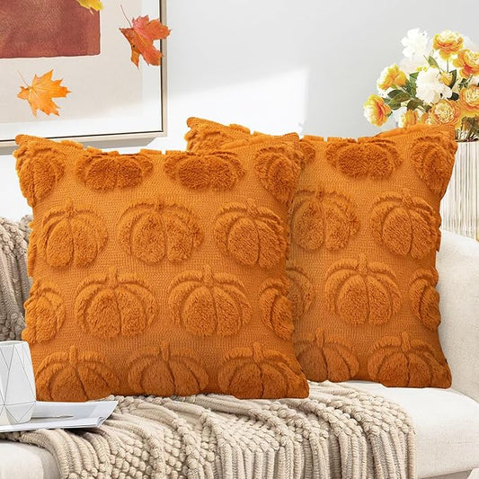 Pumpkin Fall Decorative Throw Pillow Covers 18"x18", Set of 2 Orange Soft Faux Fur Pillow Covers for Autumn Harvest, Fluffy Plush Accent Pillow Cases for Farmhouse Couch Cushion Covers