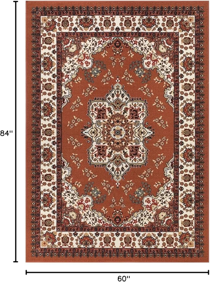 Antep Rugs Alfombras Oriental Traditional 5x7 Non-Skid (Non-Slip) Low Profile Pile Rubber Backing Indoor Area Rugs (Rust Brown, 5' x 7')