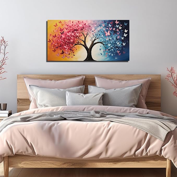 GUGIKA Tree Wall Art for Living Room, Pink Gold and Blue Butterflies Canvas Wall-Decor for Bedroom, Natural Picture Print for Hallway, Size 40x20 Inches