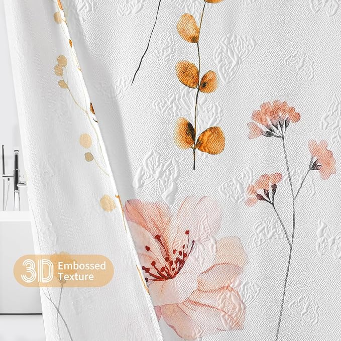 QIYI Watercolor Floral Shower Curtain, 3D Embossed Butterflies Orange Pink Flower Bathroom Curtain, Minimalist White Cloth Bath Curtain, Waterproof Fabric Textured Shower Curtain Set with Hooks, 72x72