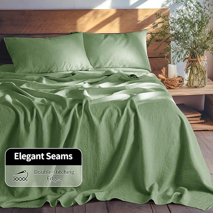 LBRO2M 100% Linen Sheet Set California King Size,Bed Sheets 4 Piece Sets,Solid Color Natural Flax Bed Sheets Soft Breathable Bedding,16" Deep Pocket,All Season (Clifornia King, Green)