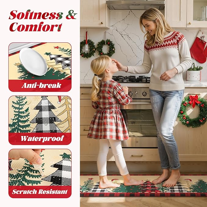 Merry Christmas Xmas Tree Kitchen Mat 2PCS, Anti-Fatigue Cushioned Waterproof Kitchen Mats for Floor Buffalo Plaid Kitchen Rug, Non Skid Comfort Standing Rugs for Laundry Office Desk Decor, Beige/Red