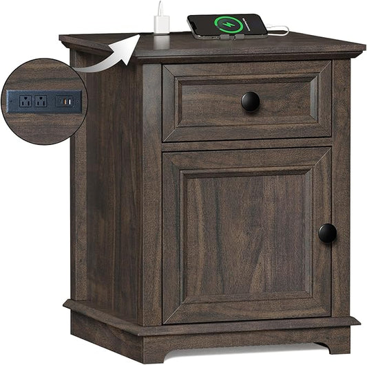24" End Table with Fast Charging Station, Side Table with Drawer, Adjustable Shelf & Large Storage Cabinet, Vintage Wooden Nightstand for Living Room/Bedroom, Rustic Brown