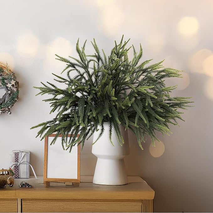 12Pcs Christmas Norfolk Pine Stems, 24'' Long Artificial Evergreen Norfolk Pine Branches, Real Touch Greenery Picks, Faux Floral Branch for Mantel DIY Xmas Home Decoration Indoor Christmas Decor