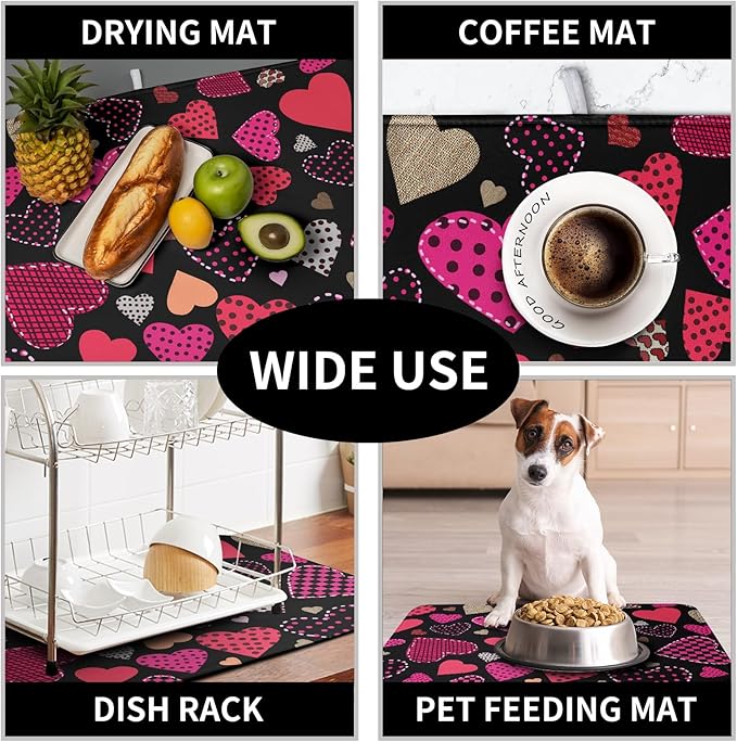 Valentine's Day Kitchen Drying Mats for Dishes 16x18 Inch Love Heart Dish Drying Mat Black Pink Polka Dots Dish Drainer Mat Super Absorbent Dish Rack Pad for Coffee Bar Sinks