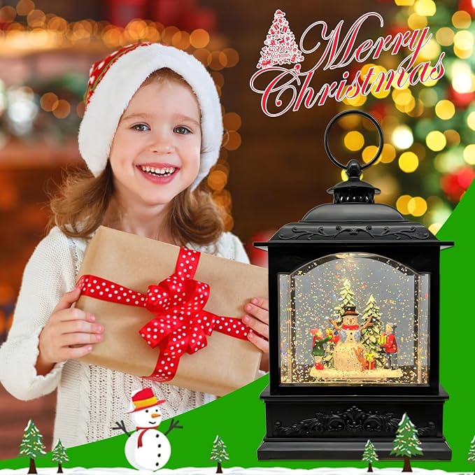 Christmas Snow Globes Lantern with Music & Timer - USB/Battery Operated LED Glittering Globe Lantern, Snow Globe Decoration for Home Holiday Decor (Snowman)