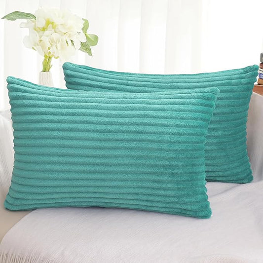 Simmore Decorative Fall Throw Pillow Covers 12x20 Set of 2, Soft Plush Flannel Double-Sided Fluffy Lumbar Pillow Covers for Couch Sofa Living Room, Aqua Haze