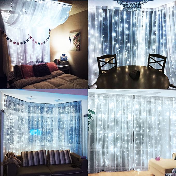 300 LED Curtain String Lights, Twinkle Fairy Lights for Bedroom with 8 Lighting Modes, USB Christmas Lights for Party Home Bedroom Indoor Wall Room Decor (White)