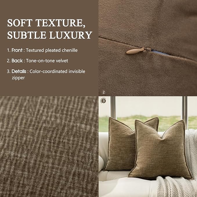 DWR Decorative Throw Pillow Covers Set of 2, 20x20 Crinkled Chenille Textured Cushion Covers for Couch, Sofa or Bed, Modern Rustic Home Accent in Toasted Brown Color