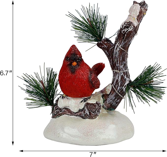 winemana Christmas Tabletop Decorations, LED Lights Cardinal Resin Ornament, Lighted Red Bird on Snowy Pine Tree Holiday Decor for Indoor Home Table Desk Kitchen Room Xmas Party