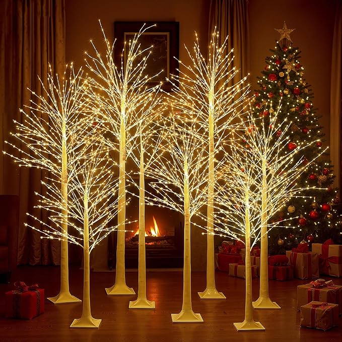 Baquler 8 Pack Lighted Birch Tree - Artificial LED Warm-White Light Birch Tree Decoration for Christmas Holiday Party Wedding Festival Decor, Indoor & Outdoor (4 5 6 8 ft)