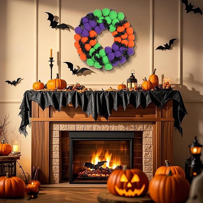 Halloween Wreath, 24inch Halloween Wreaths for Front Door, Pompom Wreaths with bat and Skull for Indoor,Outdoor, Wall, Window Porch Patio Garden Farmhouse Home Party Prom Decoration.