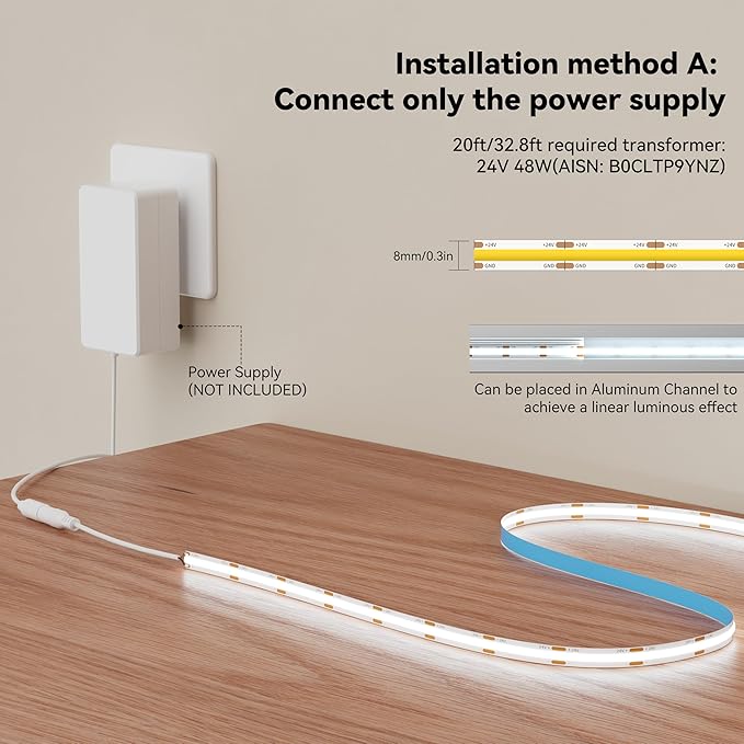 MIWISE COB LED Strip 20ft/6.1m,CRI 90+ Daylight White 6000K High Lumen Super Bright Flexible DC24V LED Tape Light,for Cabinet Home Office DIY Lighting Projects(Adapter & Controller NOT Included)