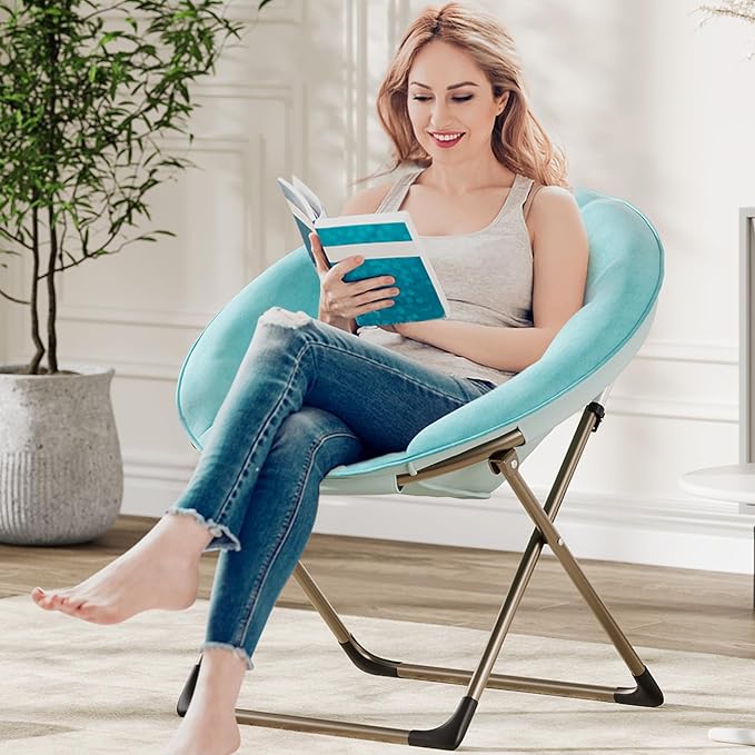 Comfy Saucer Chairs, Blue Folding Reading Lounge Chair, Cozy Faux Fur Living Room Chair with Soft Thick Padded Seat & Metal Frame, Modern Style Bedroom Home for Kids Adults, X-Large, Gold Legs