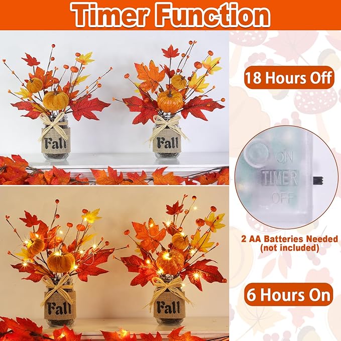 2 Pack & Timer Fall Decor 13.5 Inch Fall Centerpieces for Tables with 20 Lights, Thanksgiving Decorations Mason Jar with Maples Leaves Pumpkins Berried Fall Decorations for Table Coffee Table Kitchen
