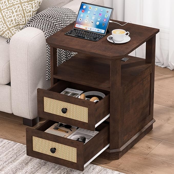 End Table with Charging Station, 24” Tall Sofa Side Table with Rattan Drawer, Anti-Collision Angle Wooden Night Stand for Living Room, Bedroom, Office.