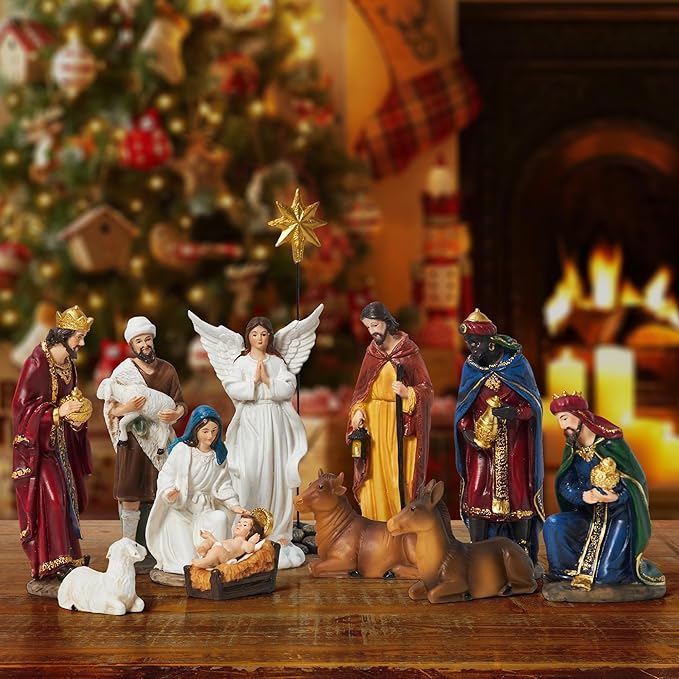 Nativity Sets for Christmas Indoor Set of 13 Pieces 3.9 Inches Tabletop Holidays Home Decor Classic Nativity Scene Resin Figurines Set Religious Decorations Collection Gifts fot All