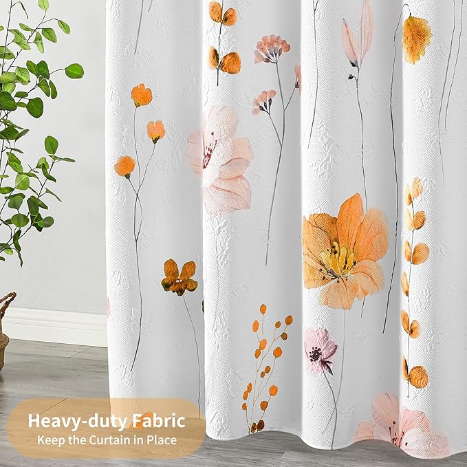 QIYI Watercolor Floral Shower Curtain, 3D Embossed Butterflies Orange Pink Flower Bathroom Curtain, Minimalist White Cloth Bath Curtain, Waterproof Fabric Textured Shower Curtain Set with Hooks, 72x72