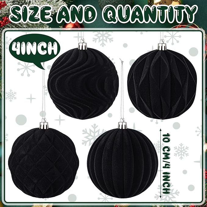 4 Pcs 4 Inch Large Velvet Christmas Ball Ornaments Vintage Christmas Plastic Ball Ornaments Flocked Tree Hanging Decoration for Xmas Party Wedding Home Decor(Black)