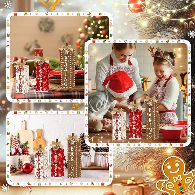Britimes 3 Pcs Christmas Baking Wooden Table Block Signs, Farmhouse Gingerbread Candy Cane Cookie Print Tiered Tray Decor Rustic Holiday Tabletop Centerpieces for Kitchen Home Winter Decorations