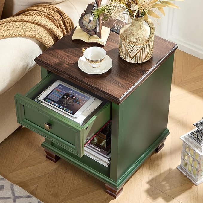 Farmhouse End Tables Living Room Set of 2, Rustic Wood Nightstand with 1 Drawer, Bedside Table with Open Shelf for Bed Room, Side Table for Living Room, Green