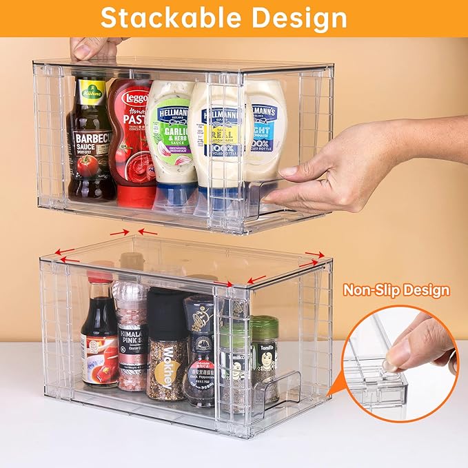 1Pack Large Stackable Kitchen Storage Drawers, Clear Foods Organizer Bins with Handles, Easily Assemble for Bathroom, Kitchen, Pantry, Cabinet, Closet(XL-Down Handle)