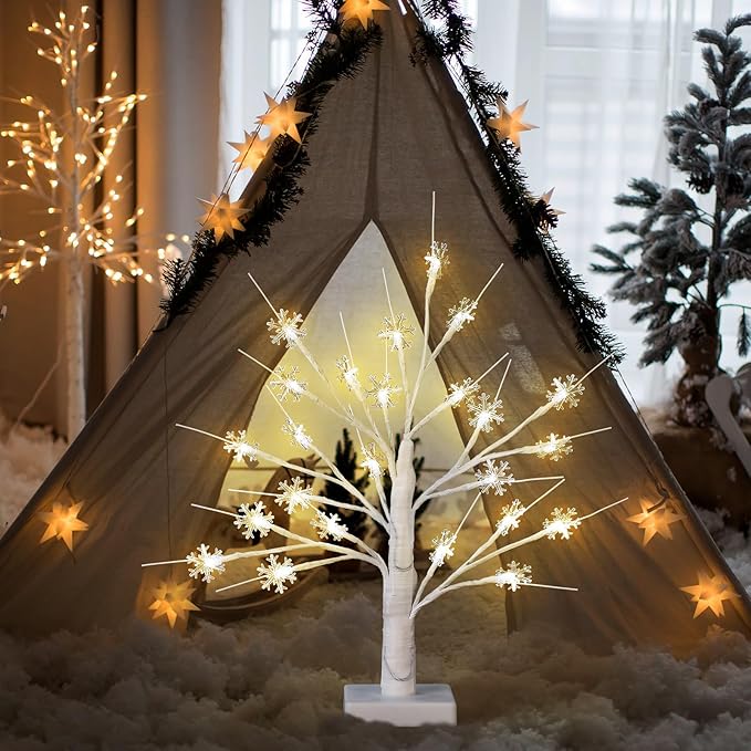Retisee Snowflake Tree LED Light with 24 LED Lights Timer USB Battery Operated Christmas Snow Indoor Outdoor for Home Table Party Decor(Warm Color,Snowflake)