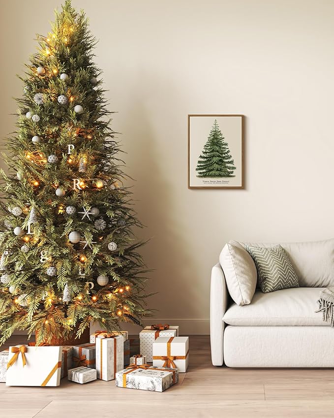 VIYYIEA Framed Canvas Wall Art, Vintage Christmas Decor, Living Room Botanical Fir Pine Tree Winter Decor for Bedroom Bathroom, Xmas Holiday Decorations Gifts, 12x16 Inch