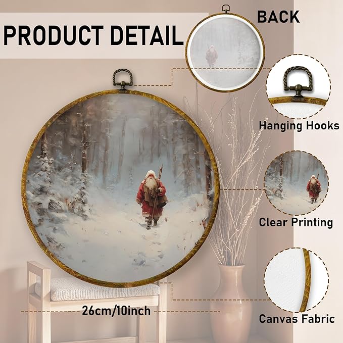 QZQE Vintage Winter Christmas Santa Round Wall Art Decor Framed, Winter Christmas Circle Canvas Prints, Rustic Forest Xmas Santa Circular Wall Hanging Decor for Home Bedroom Living Room, 10x10 Inch