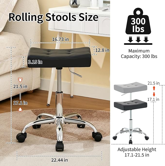 Ergonomic Rolling Shop Stool (Adjustable Height 17-21 inch) Salon Stool for Hair Stylist (Black)