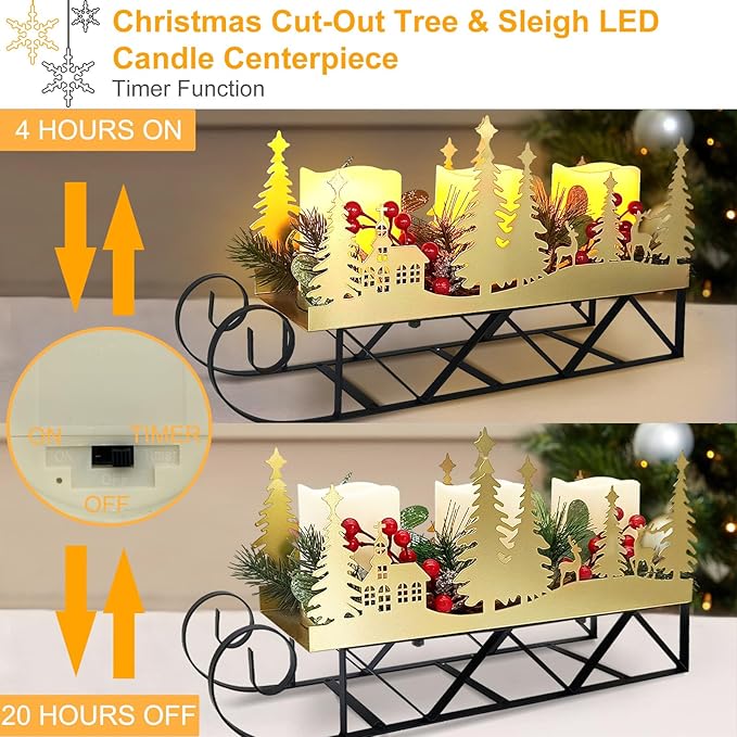 Christmas Sleigh Table Centerpieces Decorations, Xmas Gold Cut-Out Tree Sleigh LED Candle Candelabrum with Timer Holiday Candle Holder for Home Party Table Mantel Decoration